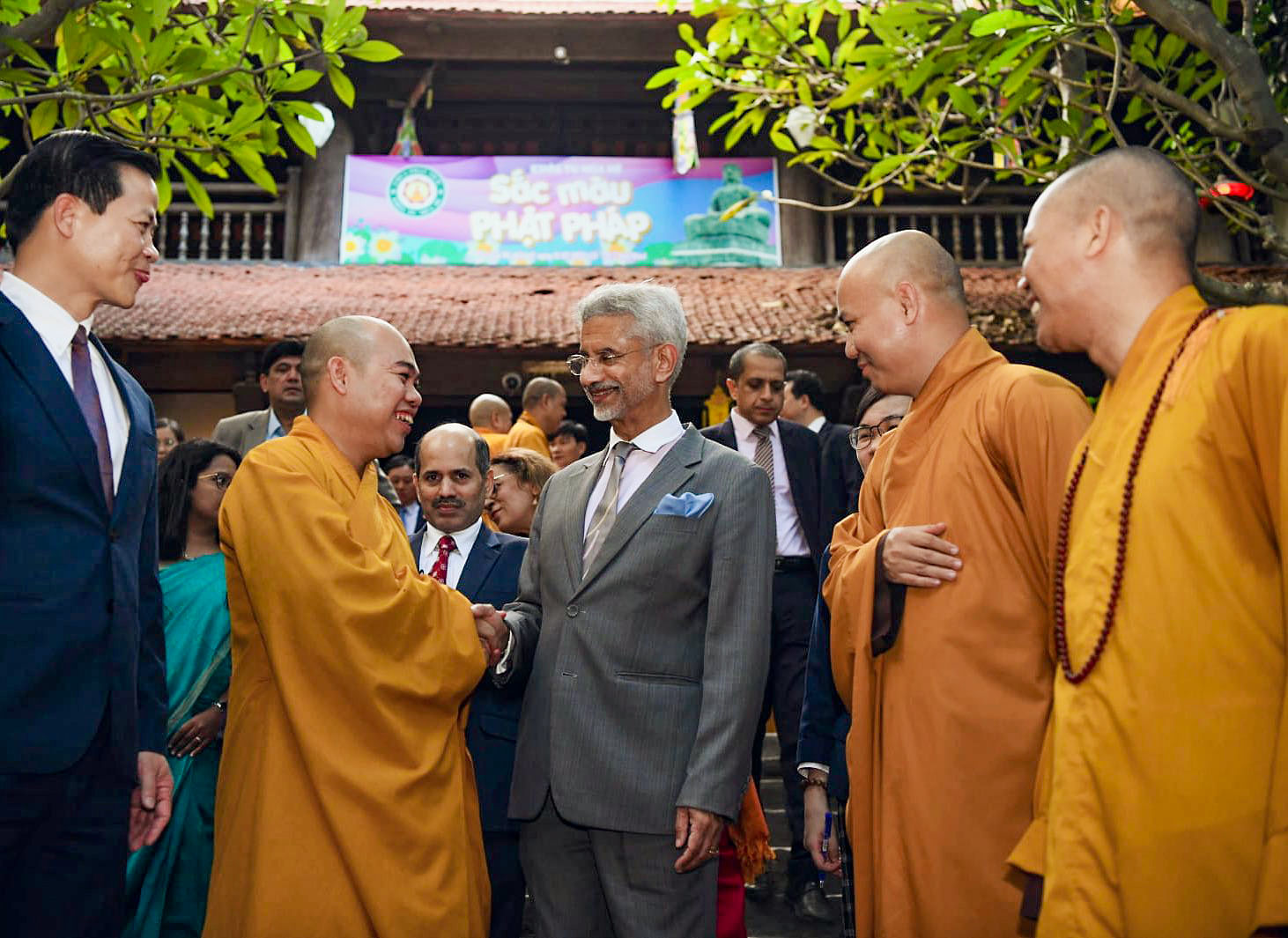 External Affairs Minister S Jaishankar meets with Buddhist monks during his visit to Phat Tich pagoda to offer prayers in Bac Ninh, Vitenam | ANI