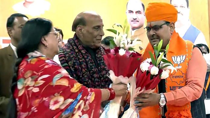 Senior BJP leaders Vasundhara Raje and Rajnath Singh congratulate Bharatiya Janata Party (BJP) MLA Bhajan Lal Sharma for being appointed as the Chief Minister of Rajasthan, in Jaipur on Tuesday | ANI