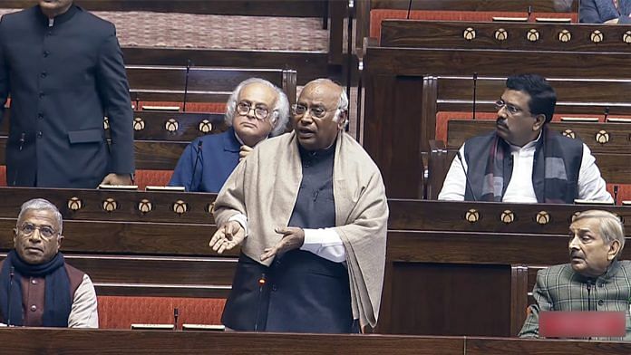 Leader of Opposition in the Rajya Sabha, Mallikarjun Kharge speaks during the Winter Session of the Parliament, in New Delhi on Wednesday | ANI