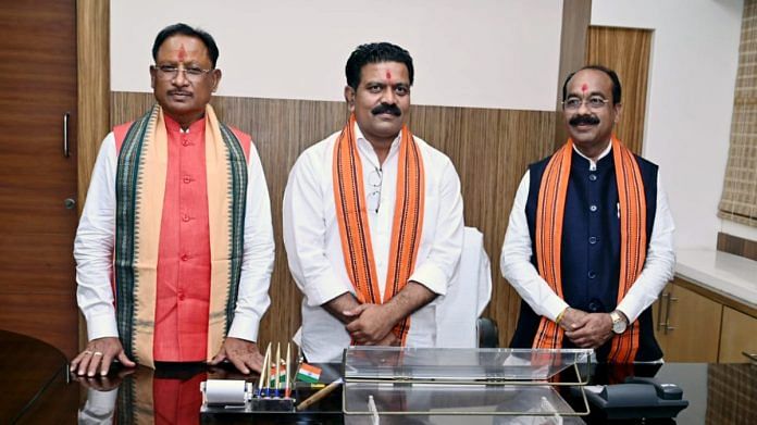 Newly sworn-in Chhattisgarh Chief Minister Vishnu Deo Sai, State Deputy CMs Arun Sao and Vijay Sharma after taking charge at Mahanadi Bhawan, in Raipur on Wednesday | ANI