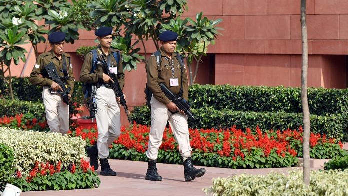 Security personnel keep vigil at Parliament building following the recent security breach that took place in Lok Sabha during the ongoing Winter Session, in New Delhi on Thursday | ANI