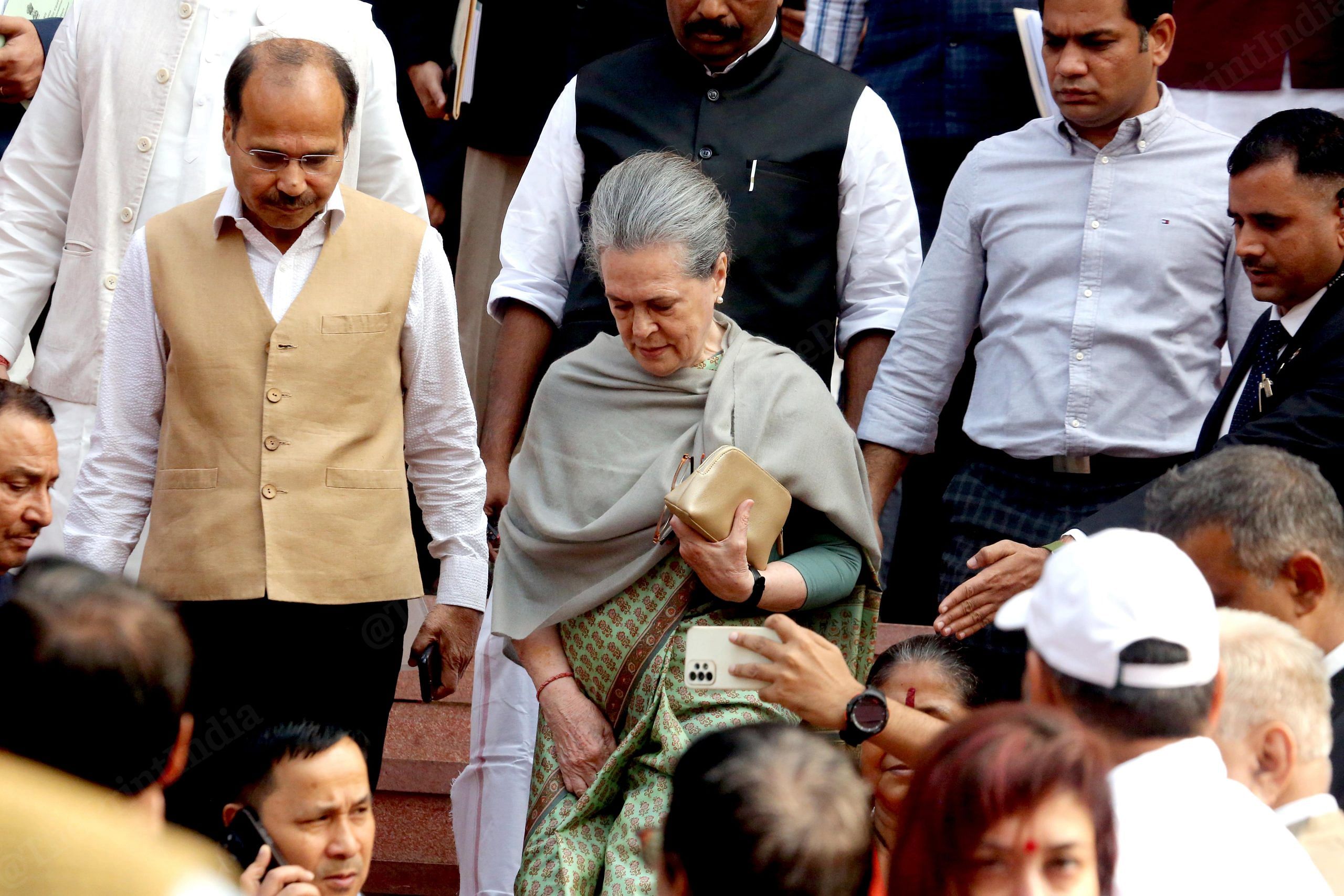 Congress leader Sonia Gandhi coming out from Parliament on the first day of the Winter session | Praveen Jain | ThePrint