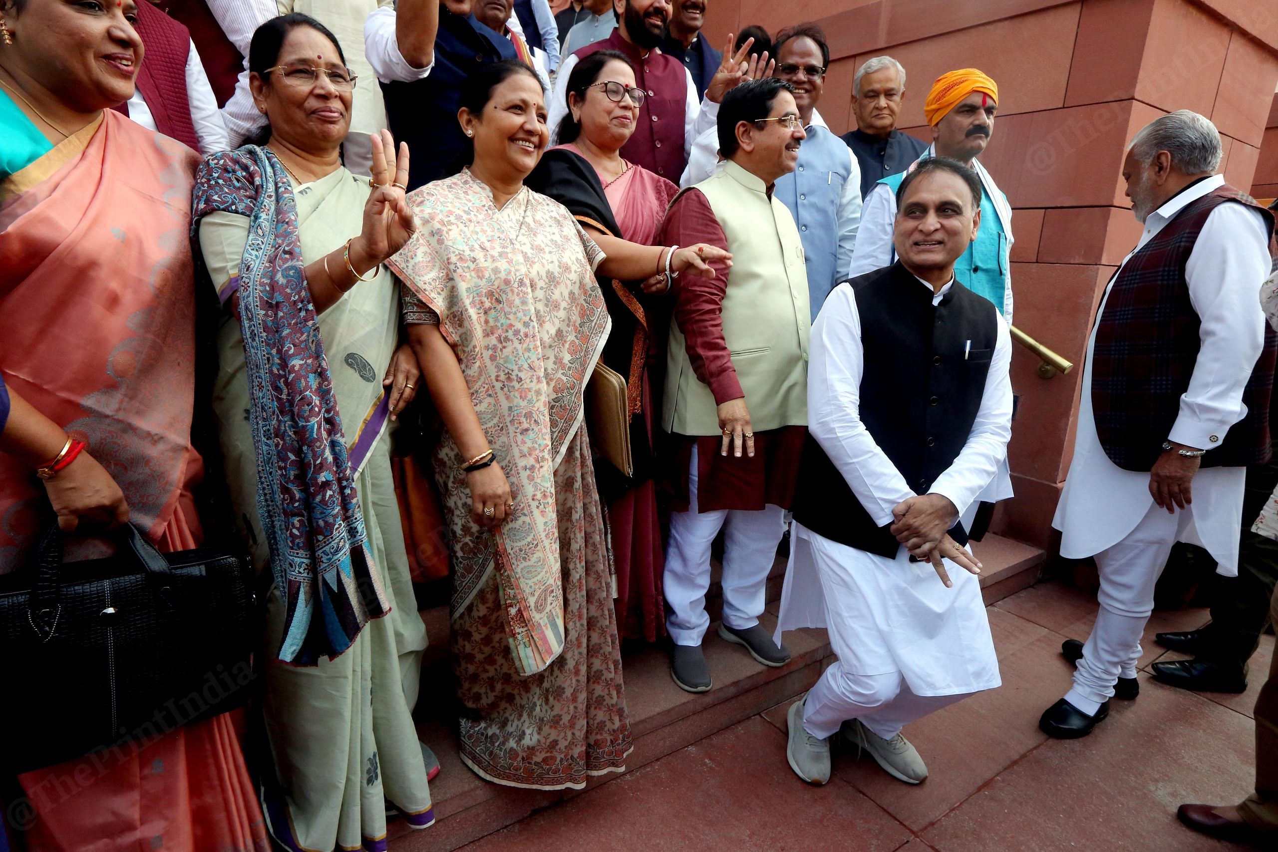 Rajya Sabha MP Rakesh Sinha with other BJP MP celebrating victory after winning 3 states on the first day of the Winter session | Praveen Jain | ThePrint