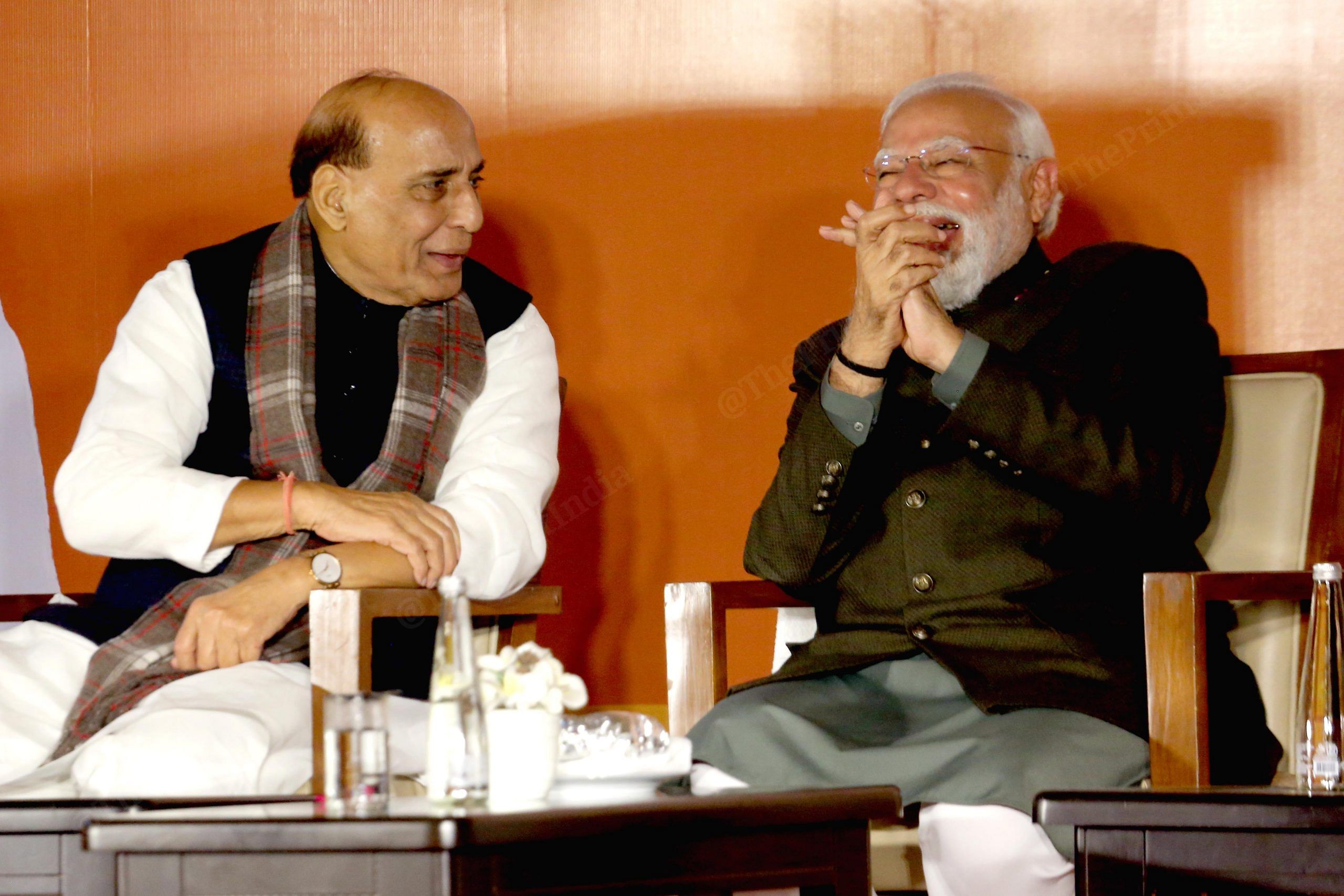 Prime Minister Narendra Modi and Defence Minister Rajnath Singh during celebrations after party's victory | Praveen Jain | ThePrint
