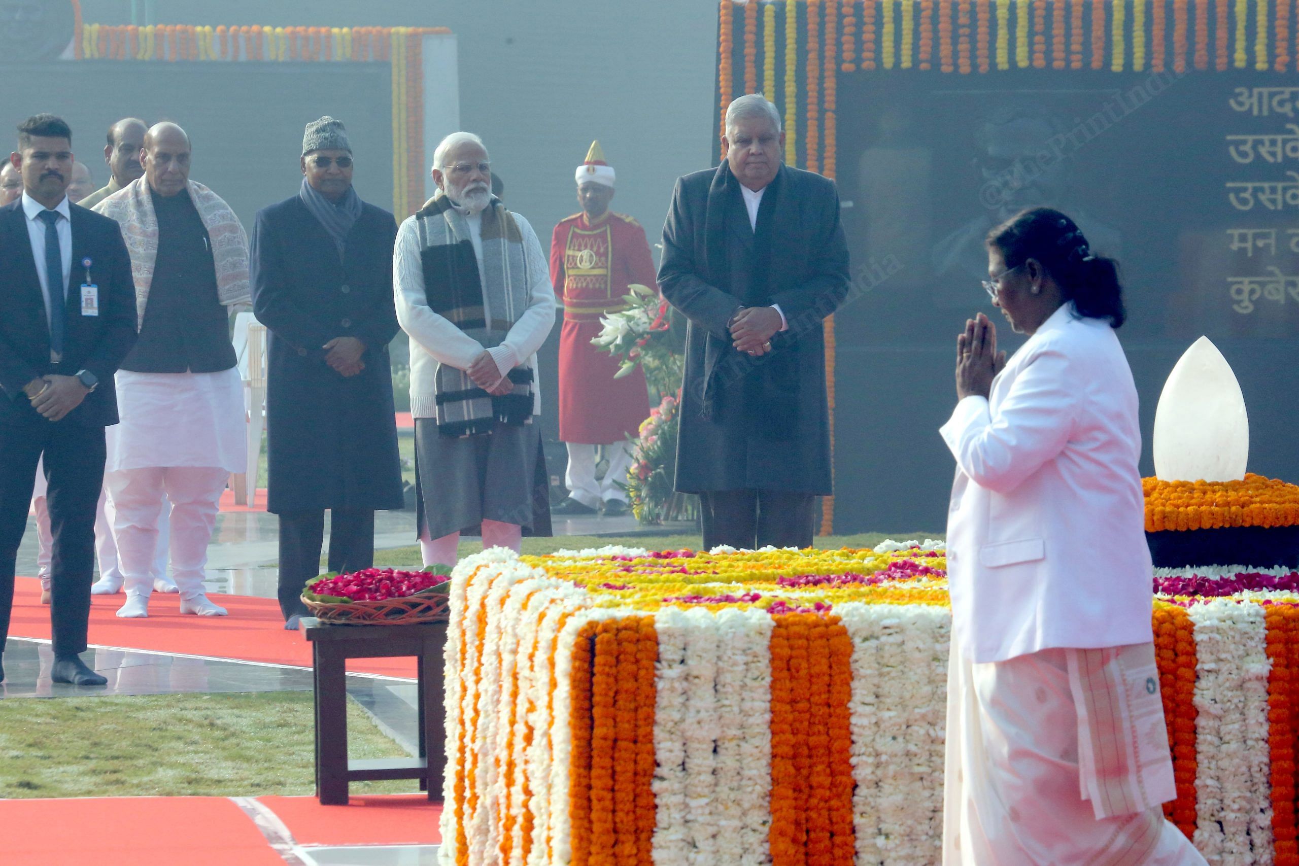 President Droupadi Murmu pay floral tributes to former Prime Minister Atal Bihari Vajpayee on his birth anniversary at Sadaiv Atal in New Delhi | Photo: Praveen Jain | ThePrint