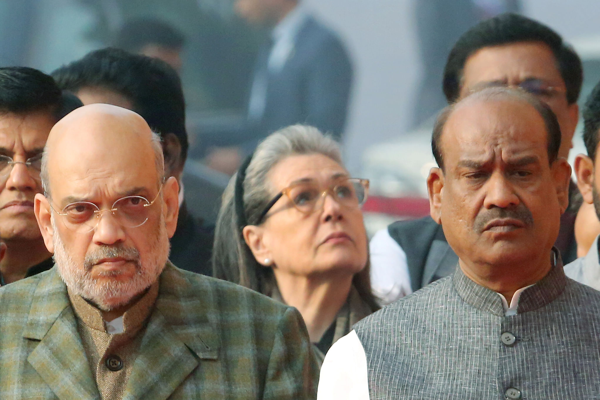 Lok Sabha Speaker Om Birla, Union Home Minister Amit Shah, and Congress Leader Sonia Gandhi during a tribute ceremony to pay homage to those who lost their lives in the 2001 Parliament attack on its anniversary | Praveen Jain | ThePrint