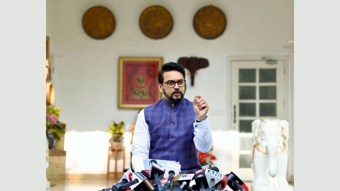 Union Minister for Sports and Information & Broadcasting, Anurag Singh Thakur addresses the media during a press conference, at his residence in New Delhi on Wednesday | ANI