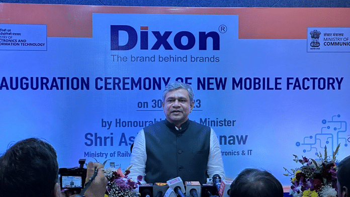 Union Minister of Electronics and IT Ashwini Vaishnaw at the inauguration of Rs 256 crore smartphone manufacturing facility in Noida, Uttar Pradesh, Thursday | Yuthika Bhargava | ThePrint