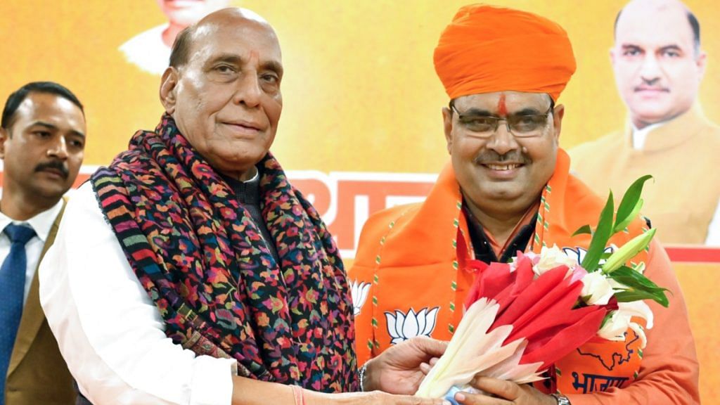 Rajasthan Bharatiya Janata Party (BJP) central observer Rajnath Singh congratulates party MLA Bhajan Lal Sharma for being elected as the Chief Minister of the State during the BJP State Legislature Party meeting, in Jaipur on Tuesday | ANI