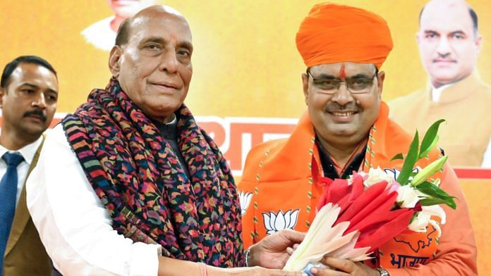 Rajasthan Bharatiya Janata Party (BJP) central observer Rajnath Singh congratulates party MLA Bhajan Lal Sharma for being elected as the Chief Minister of the State during the BJP State Legislature Party meeting, in Jaipur on Tuesday | ANI
