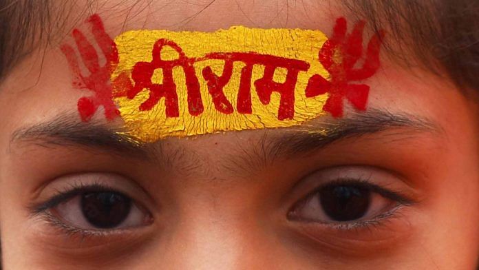 Jai Shree Ram written on a worshipper's forehead | Photo: Manisha Mondal | ThePrint
