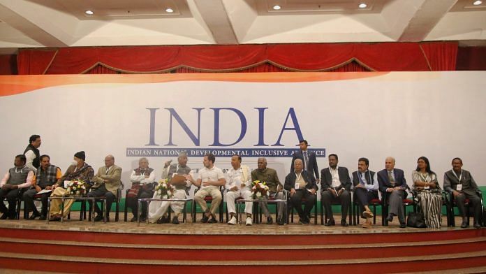 Leaders of INDIA bloc addressing press at Ashoka Hotel in Delhi, Tuesday | Manisha Mondal | ThePrint