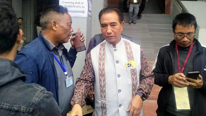 Zoram People’s Movement chief and CM candidate, Lalduhoma, being greeted by party members following the party's victory in the Mizoram Assembly elections, on 4 Dec 2023 | ANI