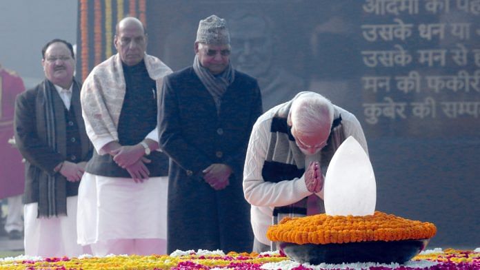Prime Minister Narendra Modi pays floral tributes to former Prime Minister Atal Bihari Vajpayee on his birth anniversary at Sadaiv Atal in New Delhi | Photo: Praveen Jain | ThePrint