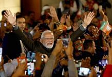 Prime Minister Narendra Modi arrives at the BJP headquarters in New Delhi after the party's victories in Rajasthan, Madhya Pradesh and Chhattisgarh | Suraj Singh Bisht | ThePrint