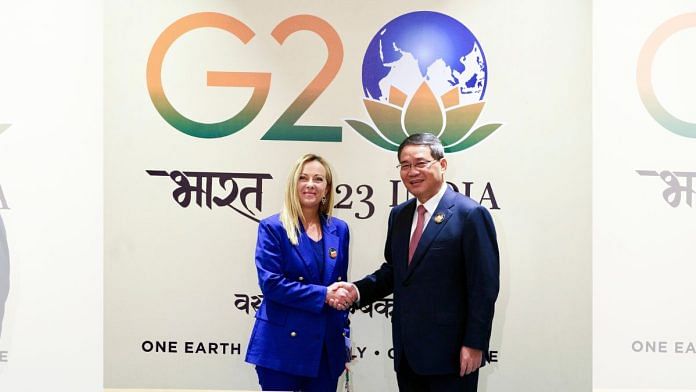 File photo of Italian Prime Minister Giorgia Meloni with Chinese Premier Li Qiang on sidelines of G20 Leaders' Summit in New Delhi in September 2023 | Photo: ANI Photo