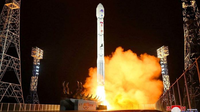 A rocket carrying a spy satellite Malligyong-1 is launched, as North Korean government claims, in a location given as North Gyeongsang Province, North Korea in this handout picture obtained by Reuters on November 21, 2023. KCNA via REUTERS/File Photo