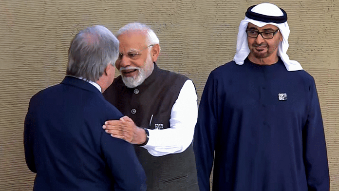 Prime Minister Narendra Modi meets UAE President Sheikh Mohammed bin Zayed Al Nahyan and UN Secretary-General Antonio Guterres at the venue of the annual COP28 Leadership Pavilion, in Dubai on Friday| ANI
