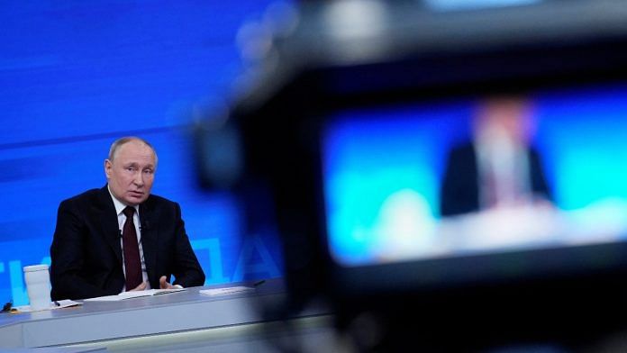 Putin during annual press conference in Moscow, amid Russia-Ukraine war, Dec 14, 2023 | Alexander Zemlianichenko via Reuters