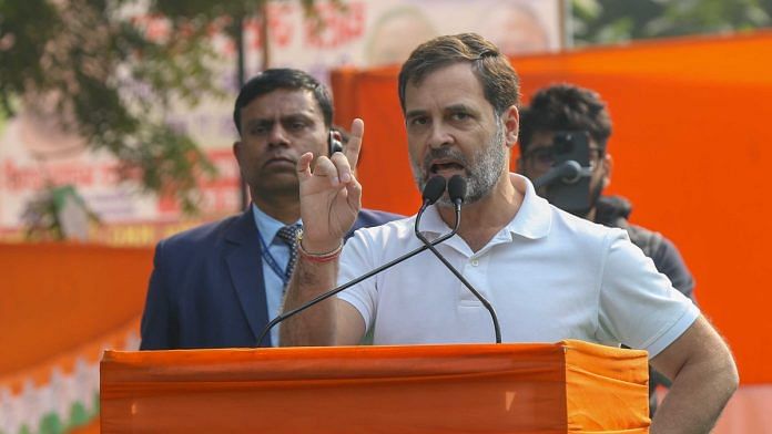 Congress leader Rahul Gandhi addressing the protest against the suspension of opposition MPs at Jantar Mantar, on 22 Dec 2023 | Suraj Singh Bisht | ThePrint