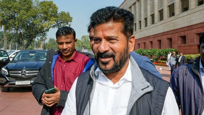 Telangana CM-designate A Revanth Reddy arrives at Parliament during the Winter session in New Delhi, on 6 Dec 2023 | PTI