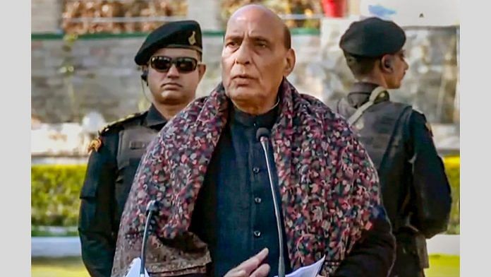 Defence Minister Rajnath Singh during an interaction with Army personnel, in Rajouri, Wednesday, Dec. 27, 2023. (PTI Photo)