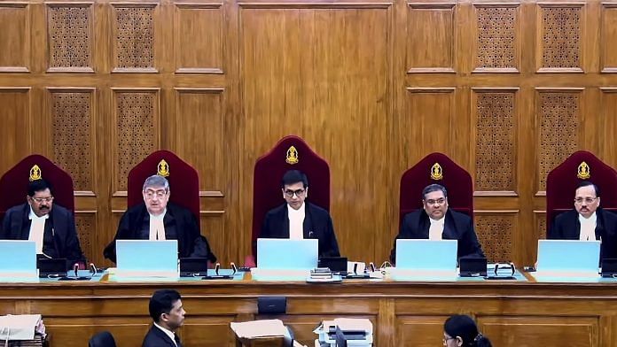 The five-judge bench comprising Chief Justice DY Chandrachud and Justices Sanjay Kishan Kaul, Sanjiv Khanna, BR Gavai and Surya Kant during pronouncement of verdict on a batch of petitions challenging the abrogation of Article 370 of the Constitution, in New Delhi | PTI