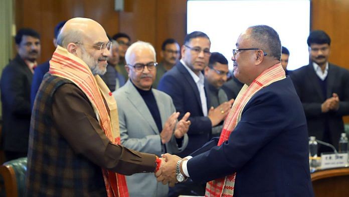 Union Home Minister Amit Shah during the United Liberation Front of Assam (ULFA)'s pro-talks faction's signing of a tripartite Memorandum of Settlement with the Centre and the Assam government in New Delhi Friday | ANI