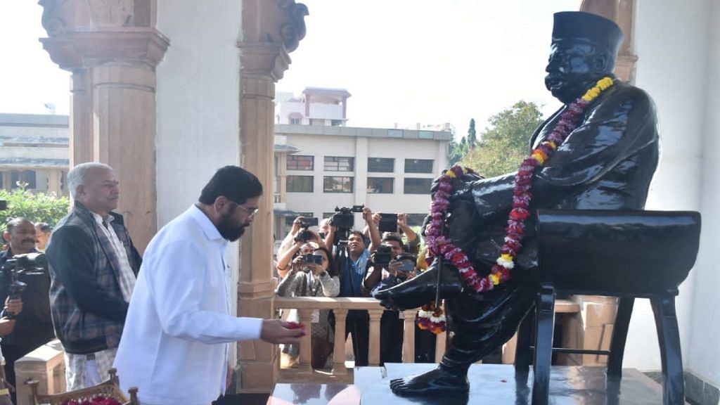 Maharashtra Chief Minister Eknath Shinde at the memorial of RSS founder K.B. Hedgewar in Nagpur Wednesday | Credit: X/@mieknathshinde