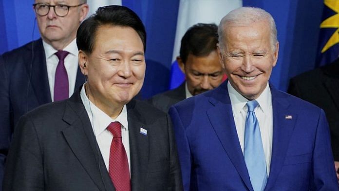 US President Joe Biden and South Korea's President Yoon Suk Yeol smile during an Indo-Pacific Economic Framework event at the APEC summit in San Francisco | Reuters file photo