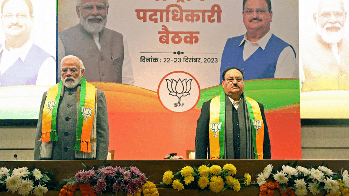 Prime Minister Narendra Modi and BJP national president J.P. Nadda during the BJP national office bearers' meeting at the Party Office in New Delhi | ANI