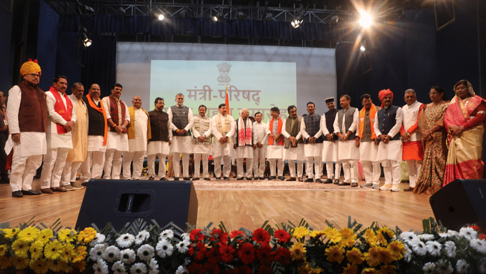 Madhya Pradesh Governor Mangubhai C. Patel and Chief Minister Mohan Yadav along with newly-sworn-in ministers, at Raj Bhavan in Bhopal on Monday | Photo credit: X/@GovernorMP