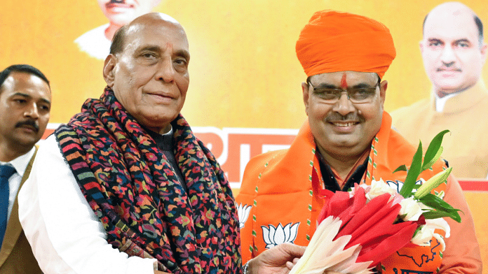 Rajasthan Bharatiya Janata Party (BJP) central observer Rajnath Singh (left) felicitates the state's next CM Bhajanlal Sharma | ANI