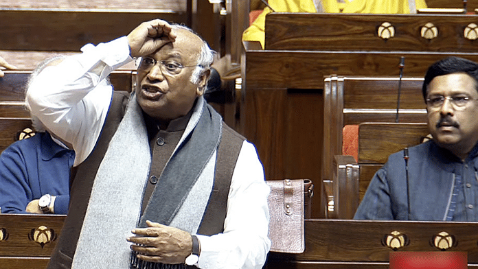 Leader of Opposition in Rajya Sabha Mallikarjun Kharge speaks during the Winter Session of Parliament in New Delhi on Monday | ANI