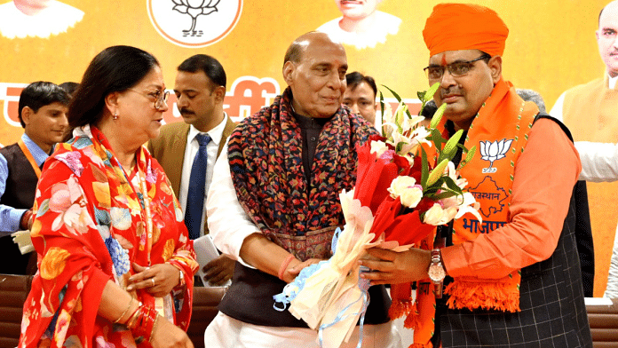 Senior BJP leaders Vasundhara Raje and Rajnath Singh greet Bhajanlal Sharma after he was named as the next chief minister of Rajasthan | Pic credit: X/@BJP4Rajasthan