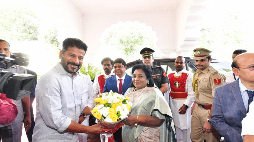 Telangana CM Revanth Reddy welcomes Governor Tamilsai Soundara Rajan on her arrival at the Legislative Assembly to address both the Houses | Pic credit: X/@revanth_anumula