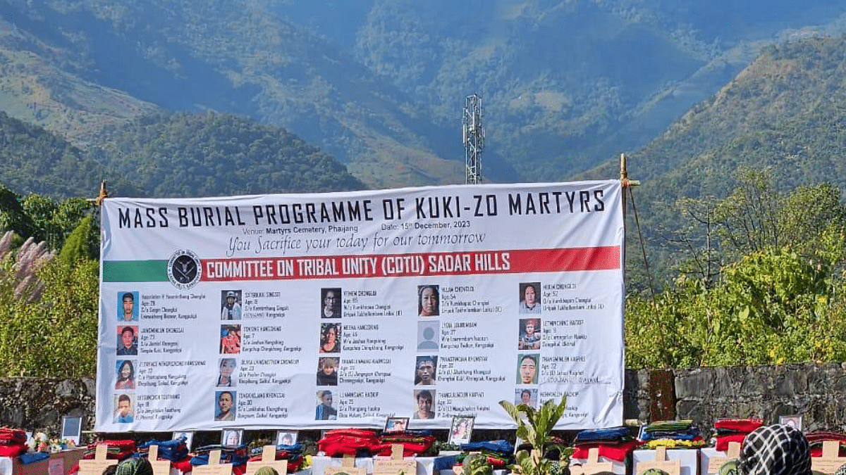 Poster showing the victims of Manipur’s ethnic conflict at Phaijang village in Kangpokpi district on Friday | By Special Arrangement