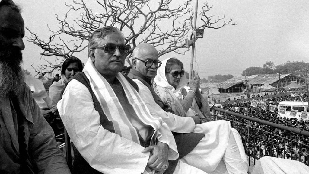 Murli Manohar Joshi, L.K. Advani and Vijaya Raje Scindia (left to right), watch the Babri Masjid demolition on 6 December 1992 | Praveen Jain