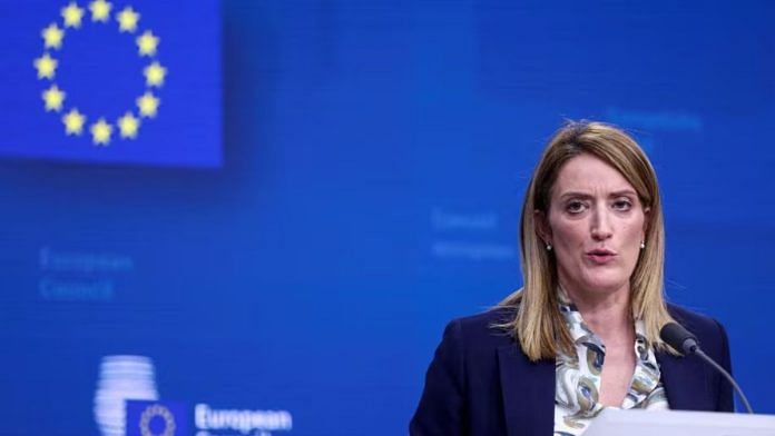 Repesentational image | President of the European Parliament Roberta Metsola speaks during a press conference at a European Union leaders' summit, in Brussels, Belgium December 14, 2023 | Photo: Reuters/Johanna Geron