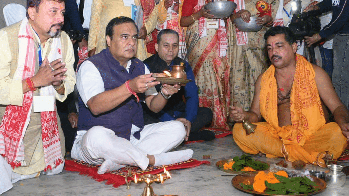 File photo of Assam Chief Minister Himanta Biswa Sarma offering prayer at a new temple in Lankeswar Dham in Kamrup, Assam | ANI