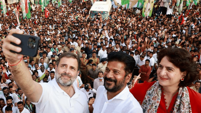 Congress state chief Revanth Reddy with Rahul and Priyanka Gandhi at Telangana poll campaign | Pic credit: X/@revanth_anumula