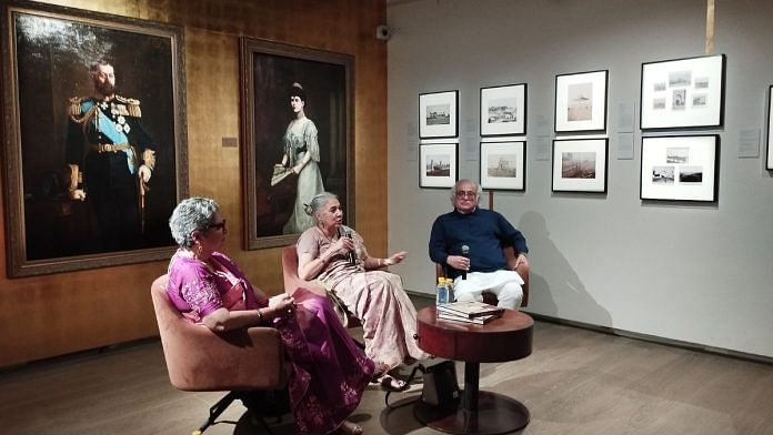 Congress Leader Jairam Ramesh, Historian Swapna Liddle, and Rana Safvi engrossed in a discussion about the Delhi Durbar at DAG Gallery | Heena Fatima | ThePrint