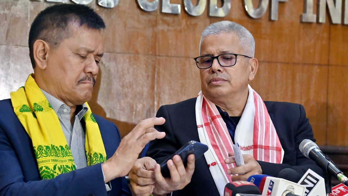 Foreign Secretary of ULFA Sashadhar Choudhary (right) with general secretary Anup Chetia during a press conference in New Delhi on Friday | ANI 