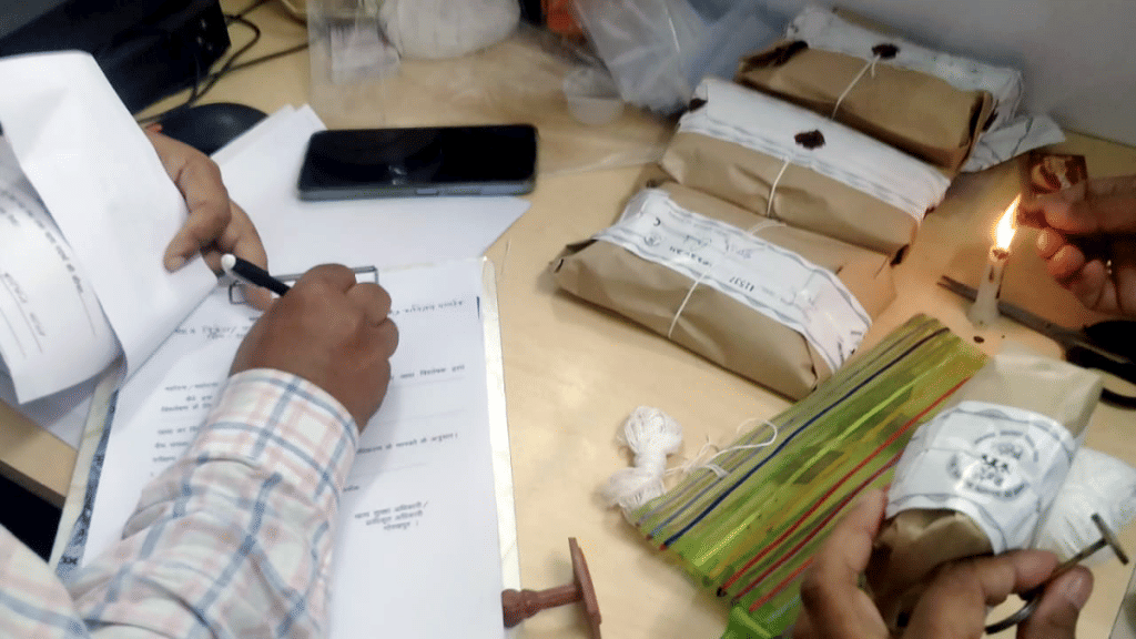 File photo of a raid being conducted on halal certified products in UP's Gorakhpur | ANI