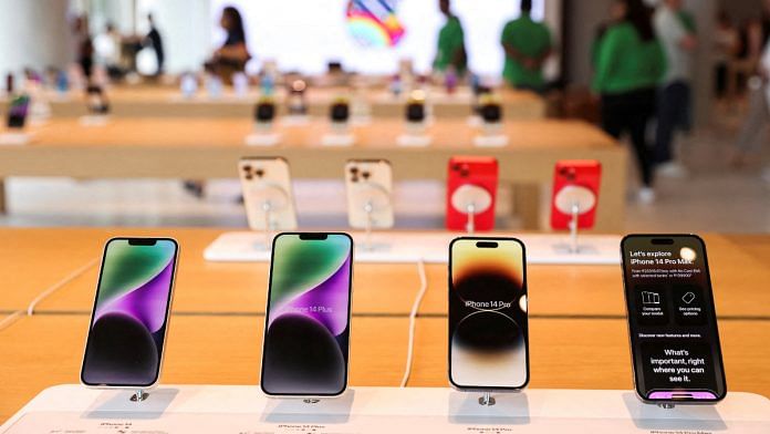 Apple iPhones are seen inside India's first Apple retail store during a media preview, a day ahead of its launch in Mumbai, India, April 17, 2023 | Reuters