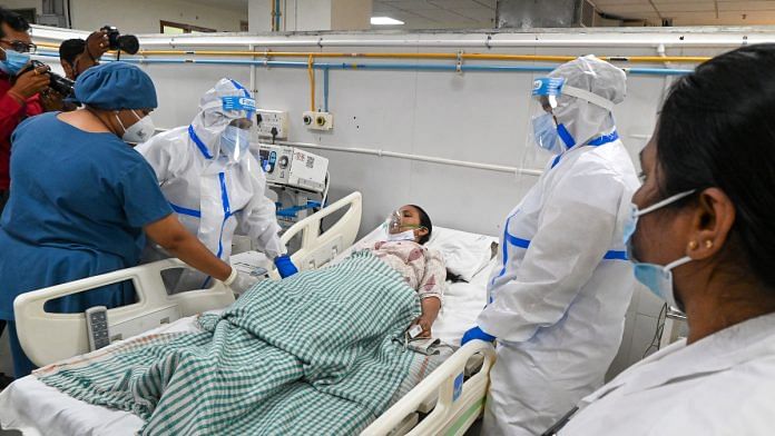 Treatment procedure being conducted at Sola Civil Hospital during a mock drill for COVID-19 preparedness, in Ahmedabad | Representational image | ANI