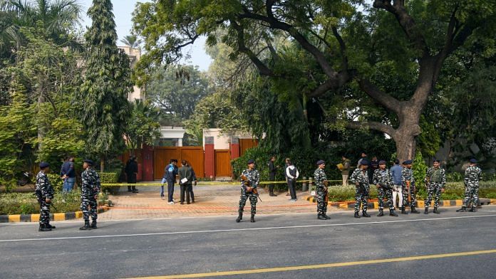 Paramilitary personnel stand guard during an investigation by Delhi Special Cell, Dog Squad and NIA officials outside the Israel embassy, in New Delhi on Wednesday | ANI/Amit Sharma