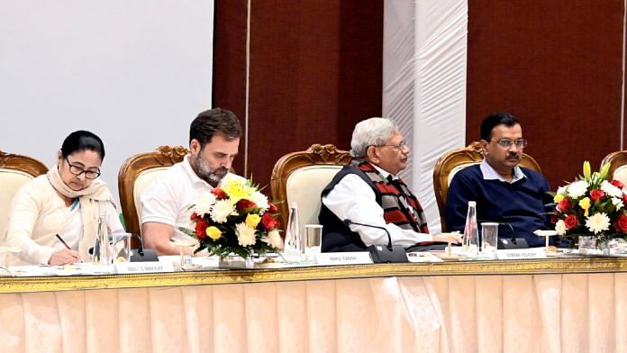 West Bengal CM Mamata Banerjee, Congress leader Rahul Gandhi, CPI(M) leader Sitaram Yechury and Delhi CM Arvind Kejriwal at the INDIA alliance meeting in New Delhi on Tuesday | ANI/Mohd Zakir