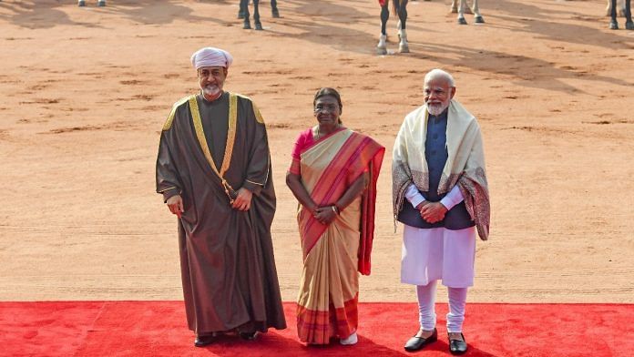 President Droupadi Murmu and PM Narendra Modi with Sultan of Oman Haitham Bin Tarik during Haitham Bin Tarik's ceremonial reception at Rashtrapati Bhavan in New Delhi, on 16 December 2023 | ANI photo