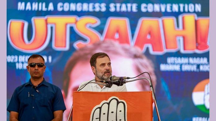 Congress leader Rahul Gandhi addresses the gathering during the inauguration of Mahila Congress State Convention ‘Utsaah’ at Marine Drive, in Ernakulam district on Friday | PTI Photo